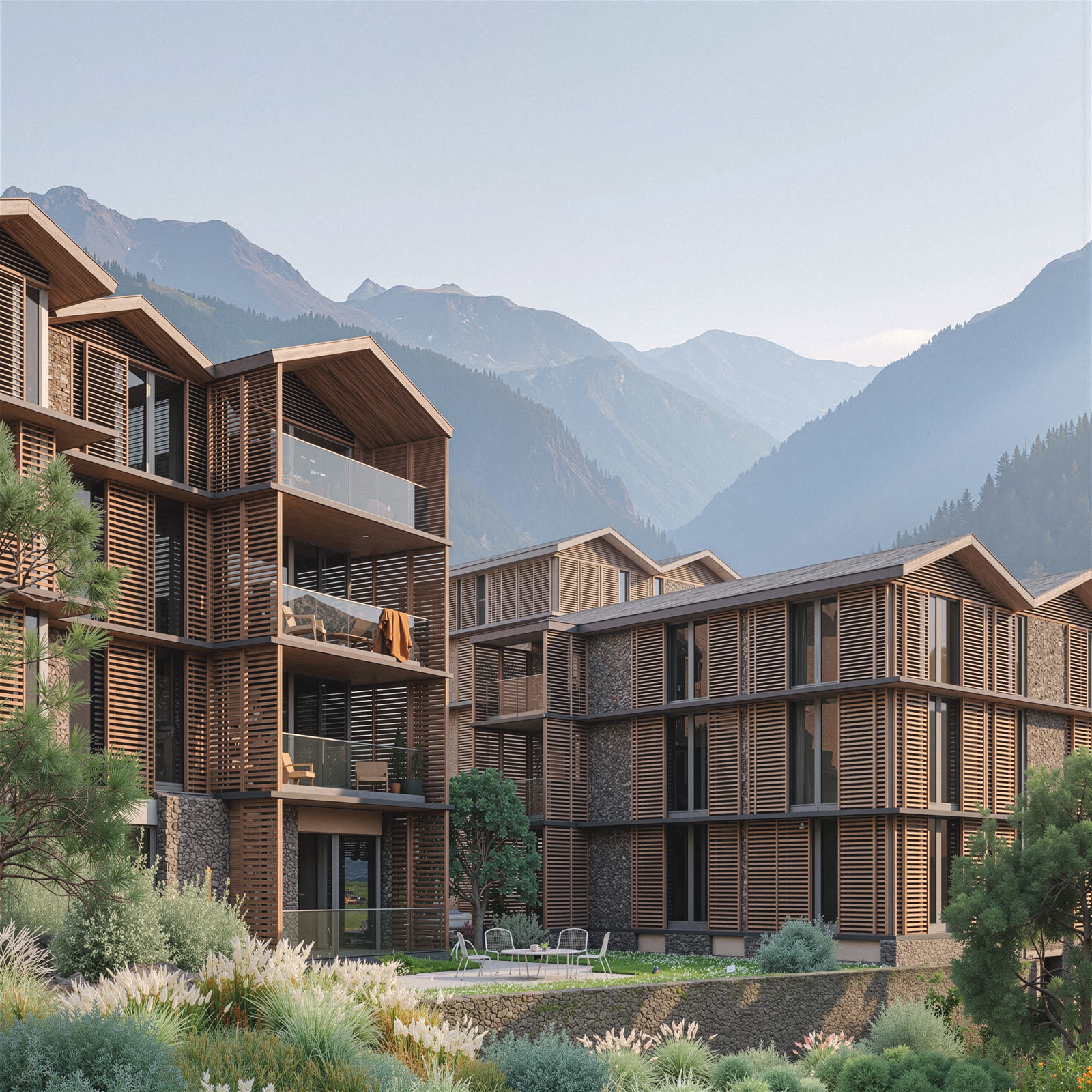 Ordino Prestige vom Tal aus gesehen: Holzlamellen und andorranischer Naturstein